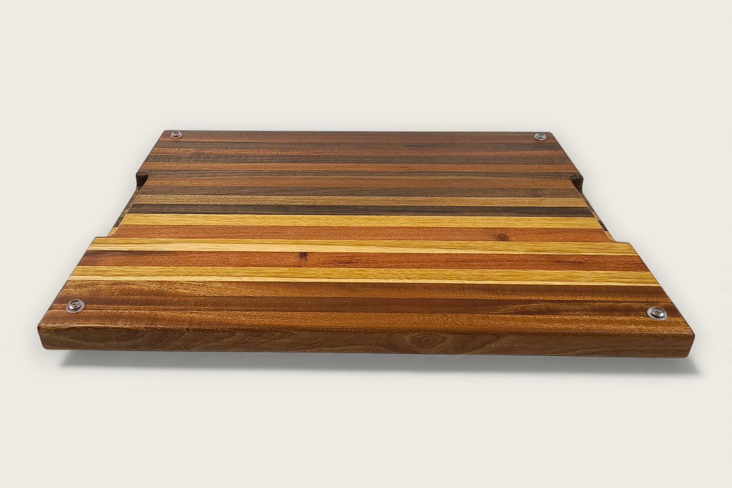 Mahogany & Walnut butcher block cutting board with edge grain, horizontal pattern, and warm reddish-brown tones.